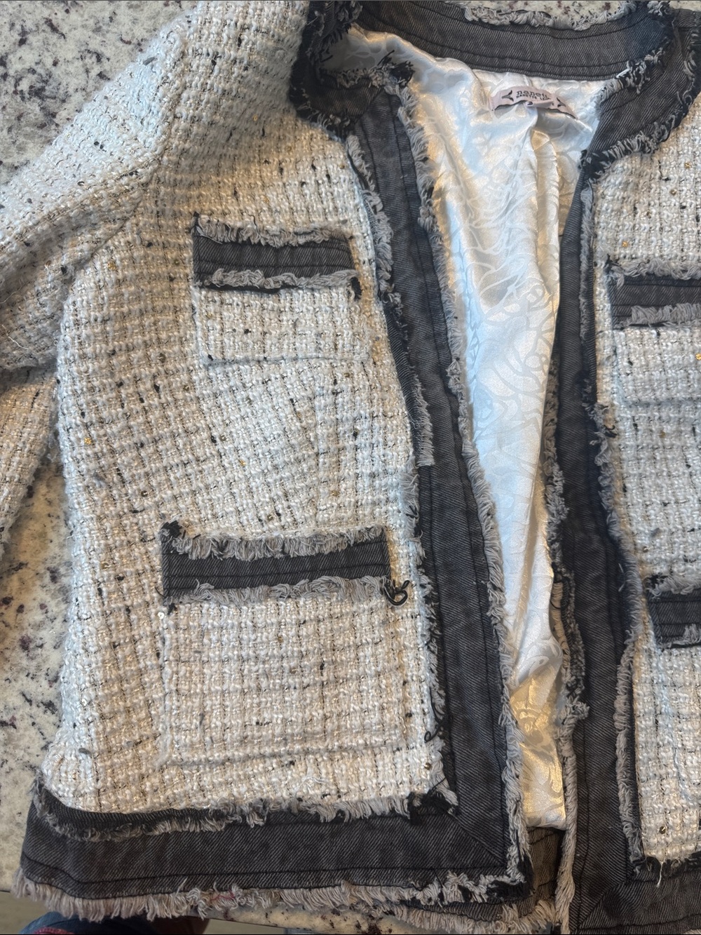 NWT! Nanette Lapore Fringed Tweed Open-Front Blazer in Cream and Black
